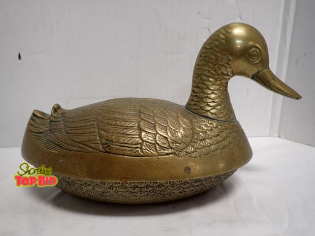 Lot 59-14074 - Vintage Solid Brass Mallard Duck Lidded Bowl, MCM, 6" x 10"