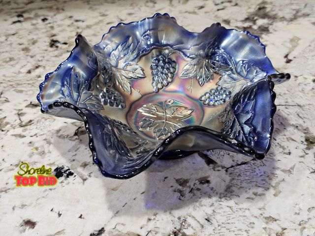 Lot 59-80023 - Vintage Fenton Leaf Chain and Grapes Blue Iridescent Candy Dish Carnival Glass. Great Condition no c...