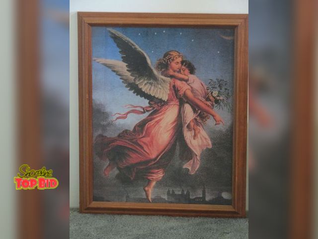 Lot 59-10078 - 18"W x 22"H picture of a flying angel carrying a child.  Excellent condition, good color, frame look...
