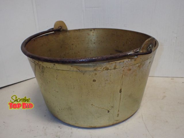 Lot 59-14667 - Ca. 1840-80 Heavy Gauge Brass Antique Cauldron with Wrought Iron Bail 7 1/2" depth x 14 1/2" dia Jam...