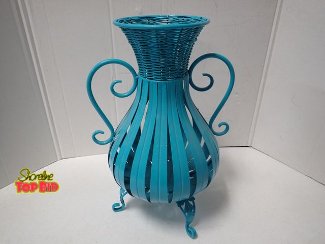 Lot 59-21074 - Turquoise Blue Decorative Metal Vase or Urn, Ribbed Bulbous Body, Scrolled Side Handles and Elevated...
