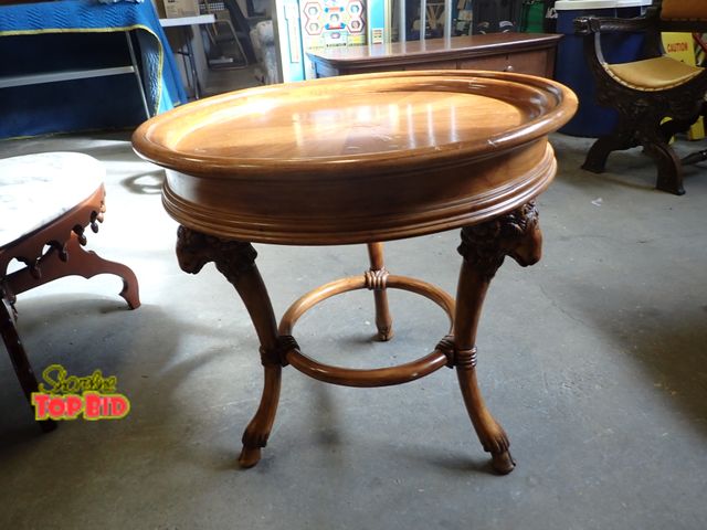 Lot 59-10094 - Unique Round Side Table with Hand Carved Rams Heads &amp; Hooved Feet