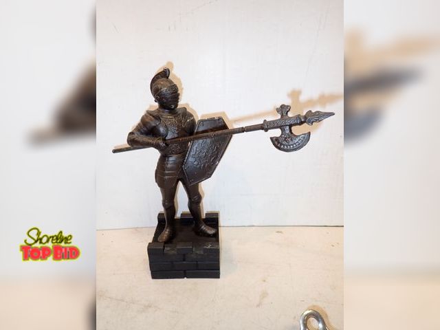 Lot 59-14557 - Mid-Century Medieval Knight Spelter Statue on Wooden Brick Stand 11 1/2" tall