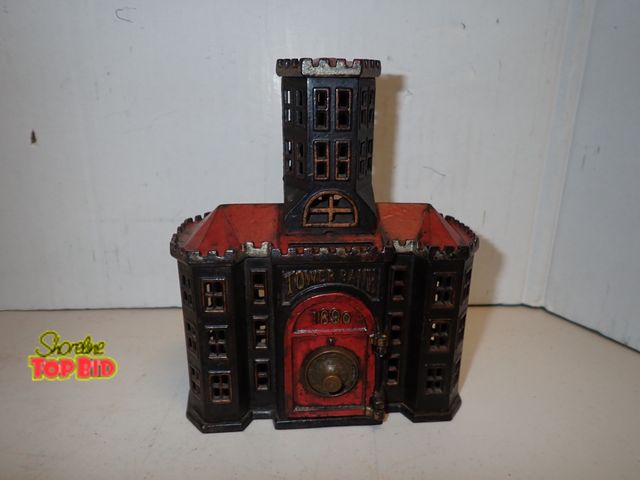 Lot 59-14105 - Antique Kyser &amp; Rex Tower Bank Cast Iron Circa 1890, 7" tall x 6" long, Combination Lock - Combo...
