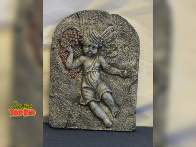 Lot 59-10065 - Wall hanging of youthful angel carrying a basket of grapes, 13"T, great condition