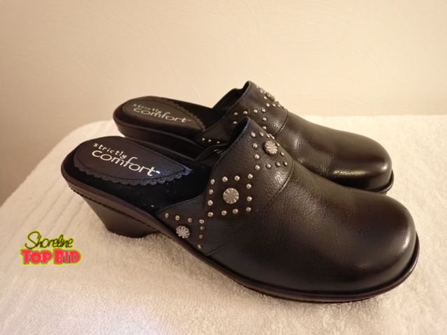 Lot 59-43294 - Pair of Strictly Comfort Black Leather Studded Clog Mules, Size 7 Ladies