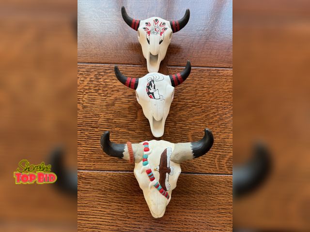 Lot 59-43522 - 3 Native American mini clayish material skulls. Hand painted.  Attractive!