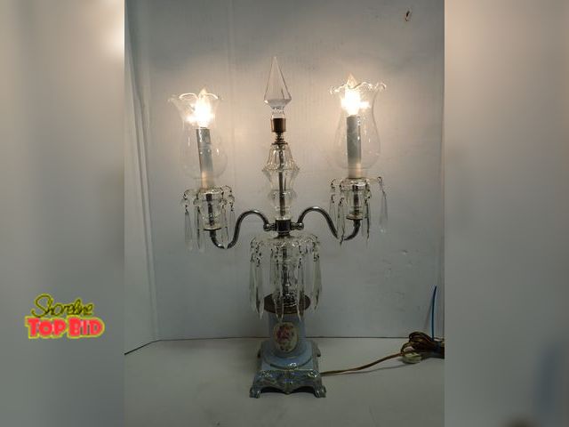 Lot 59-14144 - Ca. 1930 Crystal Candelabra Table Lamp with Spear Pointed Crystal Prisms, Porcelain Base 22 1/2" tal...