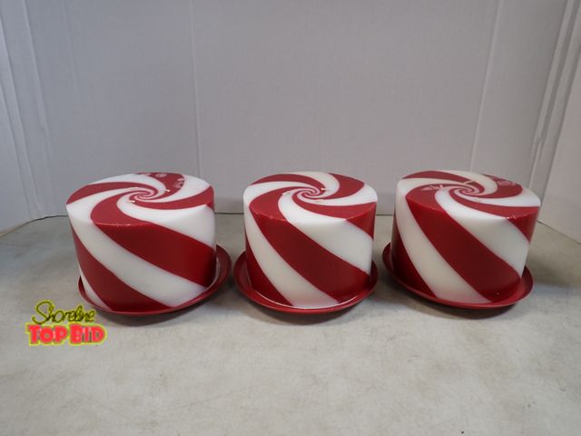 Lot 59-41560 - 3 Large Candy Cane Candles on Red Tin Tray