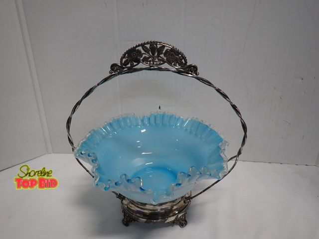Lot 59-14033 - Ca. 1880, Rare Victorian Brides Basket Fenton Blown Glass Sky Blue Fluted Ruffled Bowl with Plated M...
