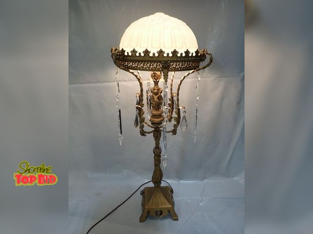 Lot 59-14218 - Electric, Ornate Mid-Century Cherub Lamp with Cast Iron Base, Domed Mushroom Shape Frosted Glass Sha...