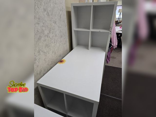 Lot 59-76027 - Craft table with extra cubbys has some wear and some stickers