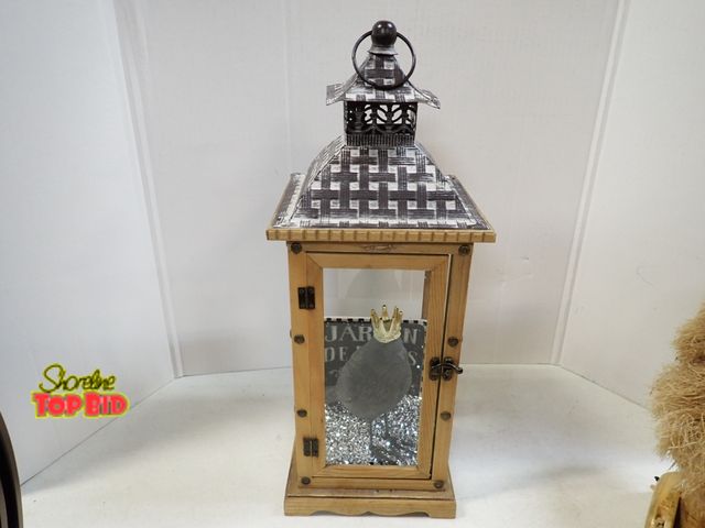 Lot 59-43475 - Wood &amp; Metal 21" tall Candle Holder Lantern Decor 21" x 8" with Decorative Blackbird Figurine We...