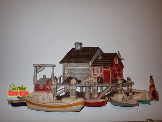 Lot 59-43473 - Vintage 3D Wall Hanging Fishing Village or Seaside Boat Dock Scene, Burwood Products