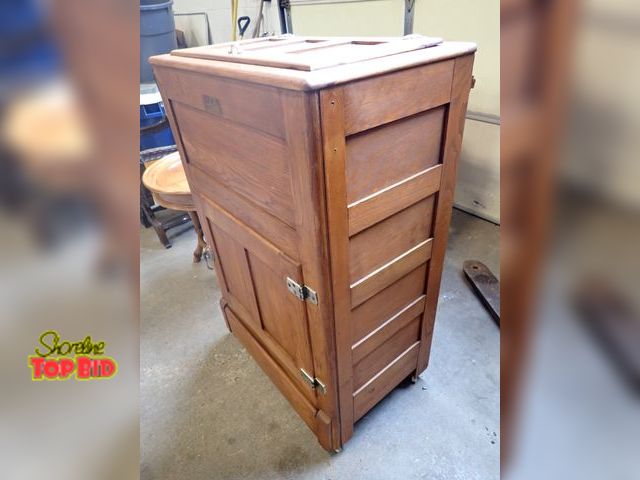 Lot 59-10100 - Antique Solid Oak Wooden Ice Box by Bay State Co. Mass, USA 47" x 30" x 19"