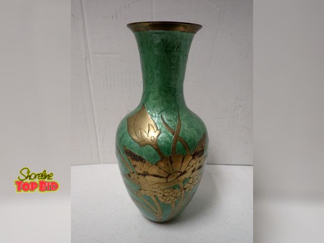 Lot 59-21527 - Vintage Solid Brass Vase, Enameled Green, India, Late 20th Century, 12" tall