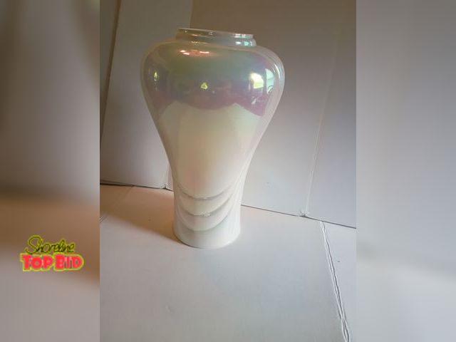 Lot 59-10198 - Large about 14 inches high with an apex opening of 4.75 inches.  Iridescent glass vase  Sticker read...