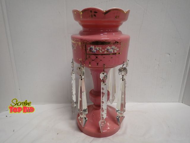 Lot 59-14054 - Antique Victorian Pink Glass Mantle Lustre Vase, Hand Painted Floral and Gold Gilt, Cut Crystal Pris...