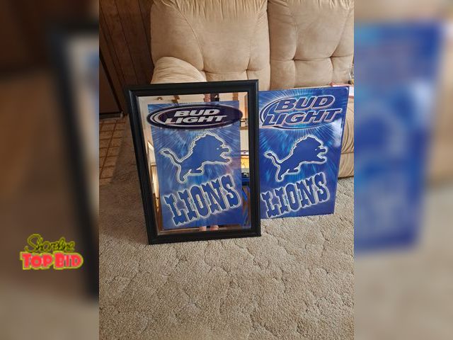 Lot 59-76019 - Detroit lions mirror 23.5 x 31.5  wooden frame and bud light lions 18.5 x 28 inches metal