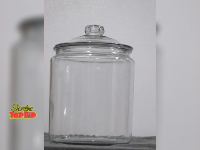 Lot 59-10011 - Glass jar w/lid, has an 8 1/2" opening, with lid on jar is 12 1/2" tall.  Clean, no chips or cracks