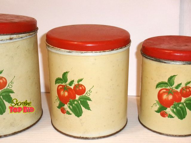 Lot 59-74471 - vintage MCM metal kitchen canisters set of 3 with Tomato's , retro canister set