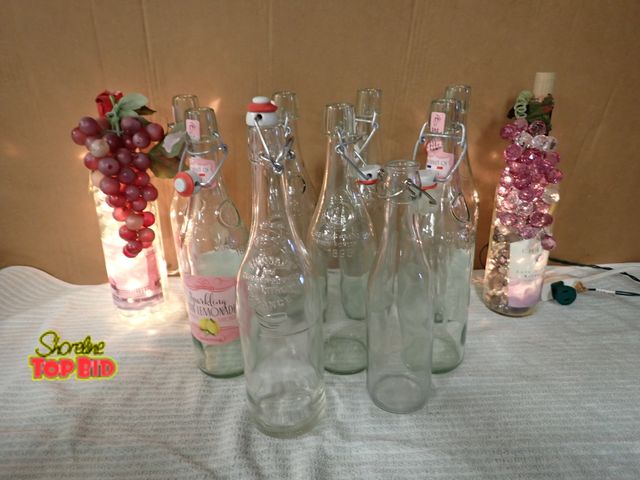 Lot 59-21402 - 9 Glass Reusable Wine Bottles with Porcelain Rubber Stopper &amp; 2 Light-Up Decor Bottles