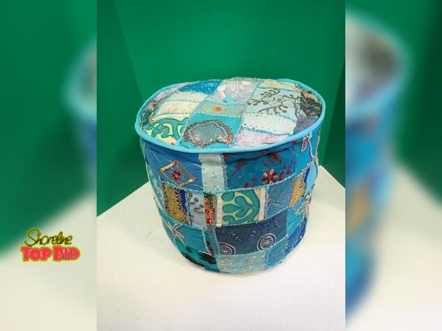 Lot 59-58144 - Boho Hippie Ottoman Stool - Cool turquoise, blues - 16" high x approx. 16" diameter - fun addition t...
