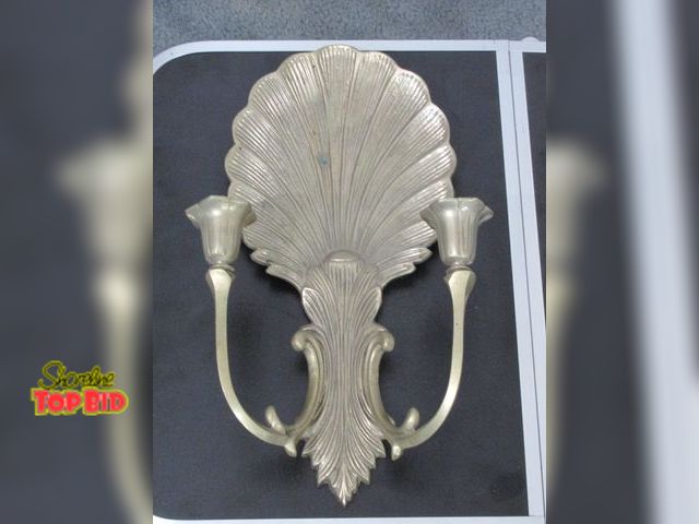 Lot 59-10037 - 14" tall brass wall candlestick sconce for two candlesticks