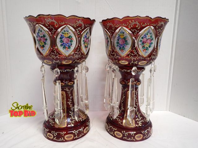 Lot 59-14057 - Beautiful Pair of Antique Bohemian Ruby Glass Mantel Lustres, Extensive Gold Gilt, Cut Crystal Prism...
