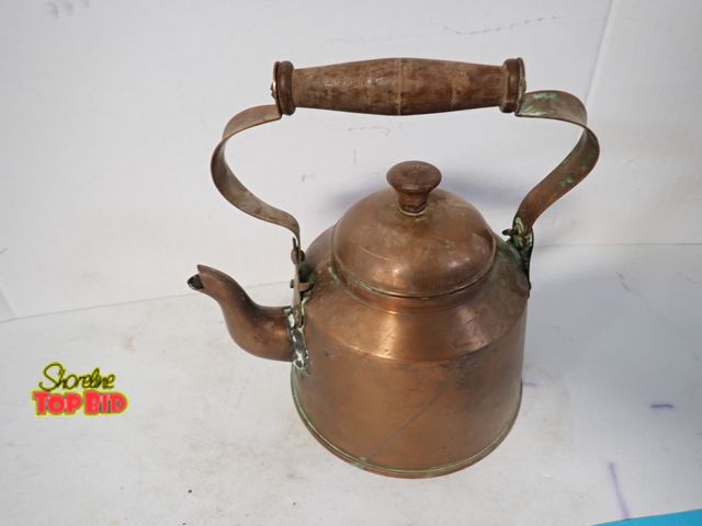 Lot 59-10250 - Vintage Copper Tea Kettle Pot, Solid Copper with a Wooden Handle