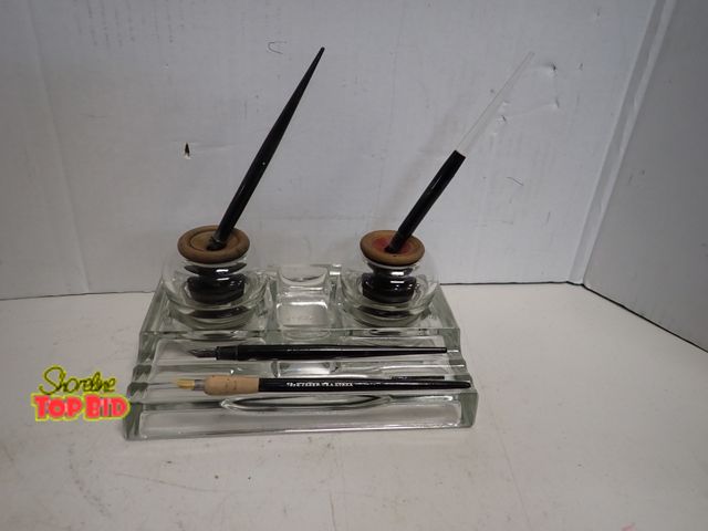 Lot 59-14247 - Pat. 1907 No. 350 Sengbusch Self Closing Inkstand Glass 2-Ink Wells includes 4 Calligraphy Pens