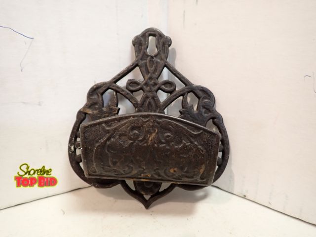 Lot 59-14384 - Antique Primitive Eastlake Cast Iron Hanging Match Holder, Match Safe Striker