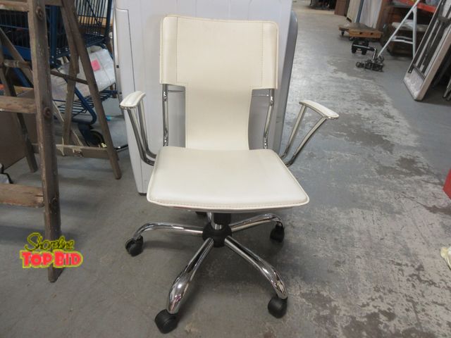 Lot 59-10440 - New Chrome and Faux Leather White Office/Desk Chair with Casters and Padded Arms. The chair circles ...