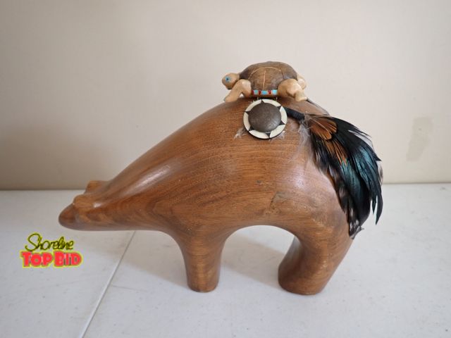 Lot 59-10792 - Native American Zuni Bear Fetish Carving, Wood with turtle carving on its back and feather and bead ...