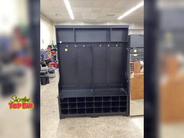 Lot 59-95007 - OFFSITE Coat rack and shoe storage shelf unit Back board needs nailing in 77 inch tall 60 inch wide ...