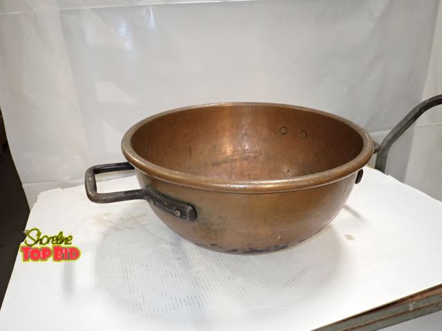Lot 59-10280 - Ca 1890, Copper Heavy Gauge Candy/Apple Butter Kettle with Forged Iron Handles, and rolled rim 19 1/...