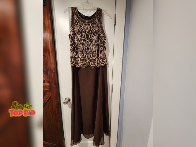 Lot 59-97001 - 2 Formal beaded dresses Size 16. One is ankle length, brown with a beaded scarf; the other is knee l...