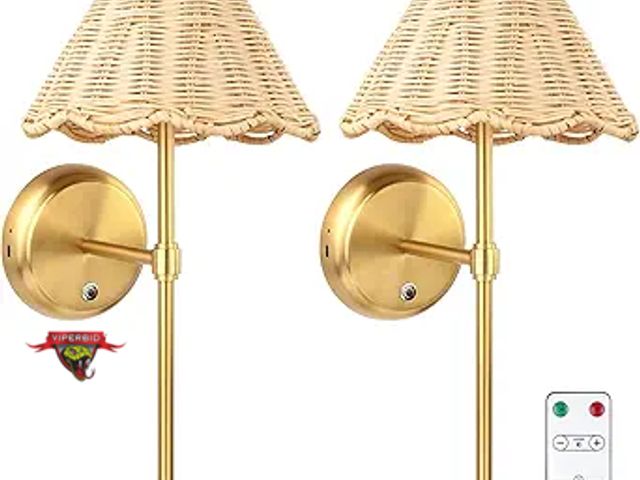 Lot 7-130508 - Retail value $79. Set of 2 - Folux Battery Operated Boho Rattan Wall Sconces.  5200mAh Rechargeable ...