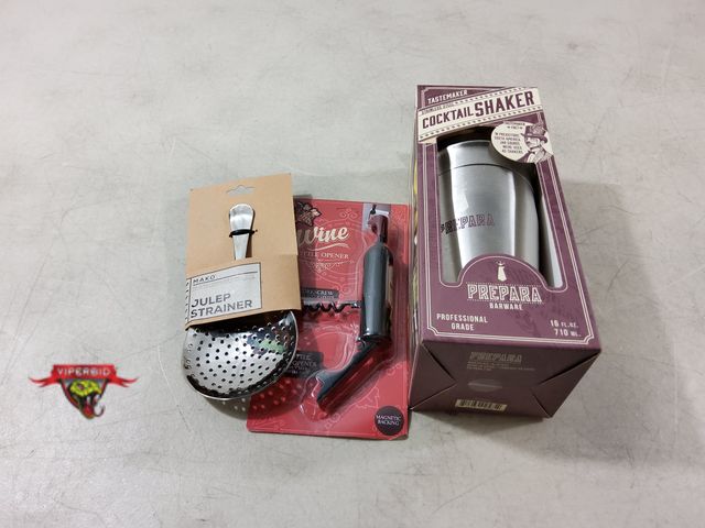 Lot 7-133688 - All New! Wine Corkscrew / bottle can opener, 16 oz. Cocktail shaker and a Mako Julep strainer.