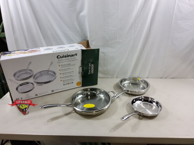 Lot 7-123450 - Cuisinart 5-Piece professional tri-ply stainless steel cookware. Includes 8", 10" &amp; 12" Skillets...