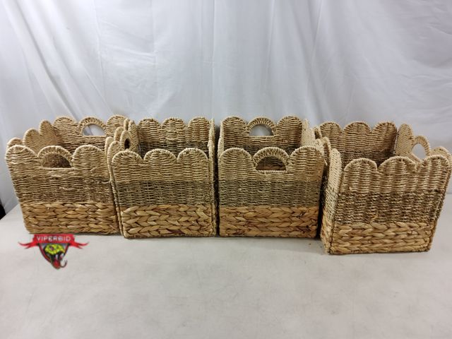 Lot 7-134779 - (4) 12" X 12" Woven Storage bins. "Pulled" in several spots (see pics).