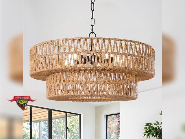 Lot 7-131213 - Retail value $139! LamQee 22 Inch Farmhouse Rattan Chandeliers, 5 Lights.