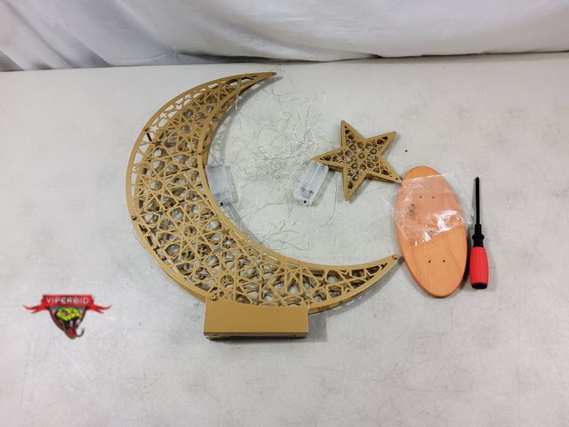 Lot 7-130513 - Metal moon &amp; star on wood base with 2 sets of battery operated fairy lights. Lights have been te...