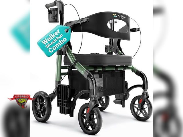 Lot 7-134411 - Retail value $208! Helavo 2 in 1 Walker Rollator.  All Terrain 10" Wheels. Model H1170. 29.5"D x 27....