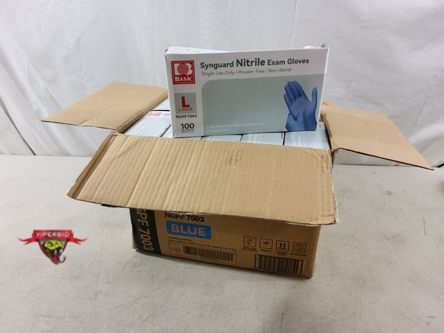 Lot 7-133813 - New! (1,000) Synguard Nitrile blue exam gloves. Single use only. Powder-free / Non-Sterile. Size: L.