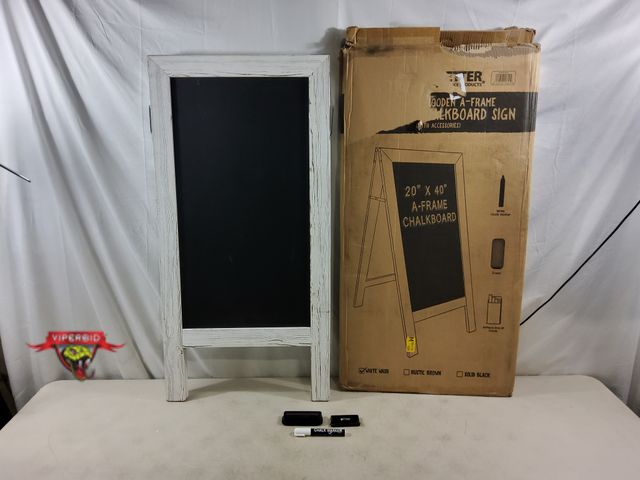 Lot 7-134081 - White Wash wooden A-Frame chalkboard sign with chalk and eraser. 20" X 40".