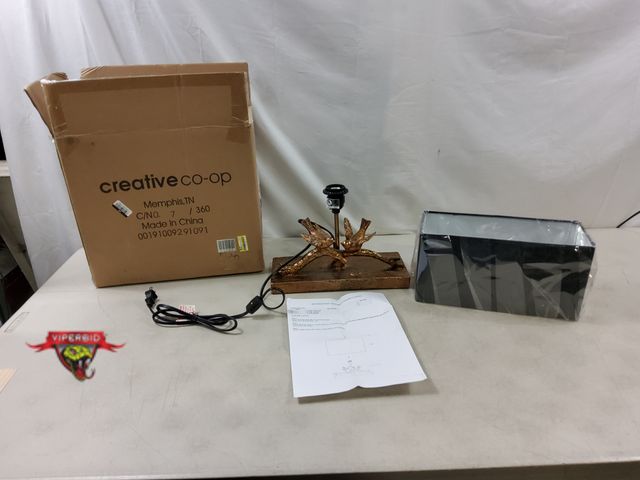 Lot 7-131618 - Rtail value $62! Rustic Resin Bird Table Lamp with Rectangle Shade Black/Gold Finish. Lamp measures ...