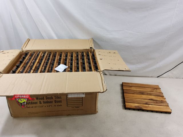 Lot 7-133378 - Set of 27 - Skyjoy acacia wood deck tiles. 12" X 12".