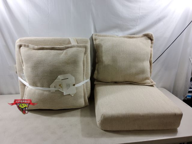 Lot 7-134400 - 2 Sets - Outdoor deep seat cushions. 1 pillow cushion has a few spots on it (see pic). Pillow backs ...