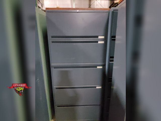 Lot 7-123816 - 5-Drawer metal file cabinet - Top drawer has lift up door. Dimensions:  36"W X 18"D X 80-3/4"H. Lock...